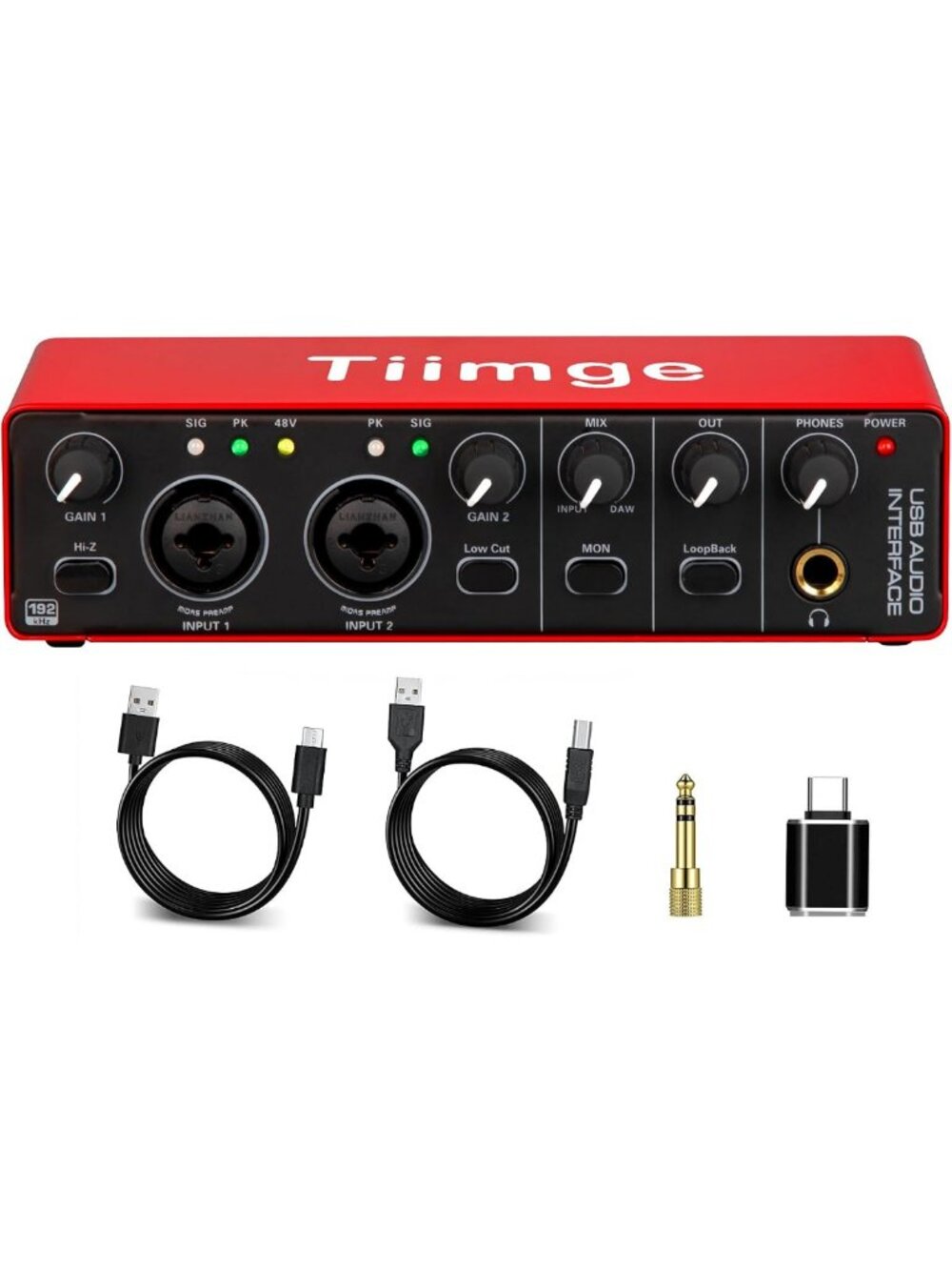 2x2 USB Audio Interface with 48V Phantom Power, 24Bit Sound, XLR/TRS Inputs